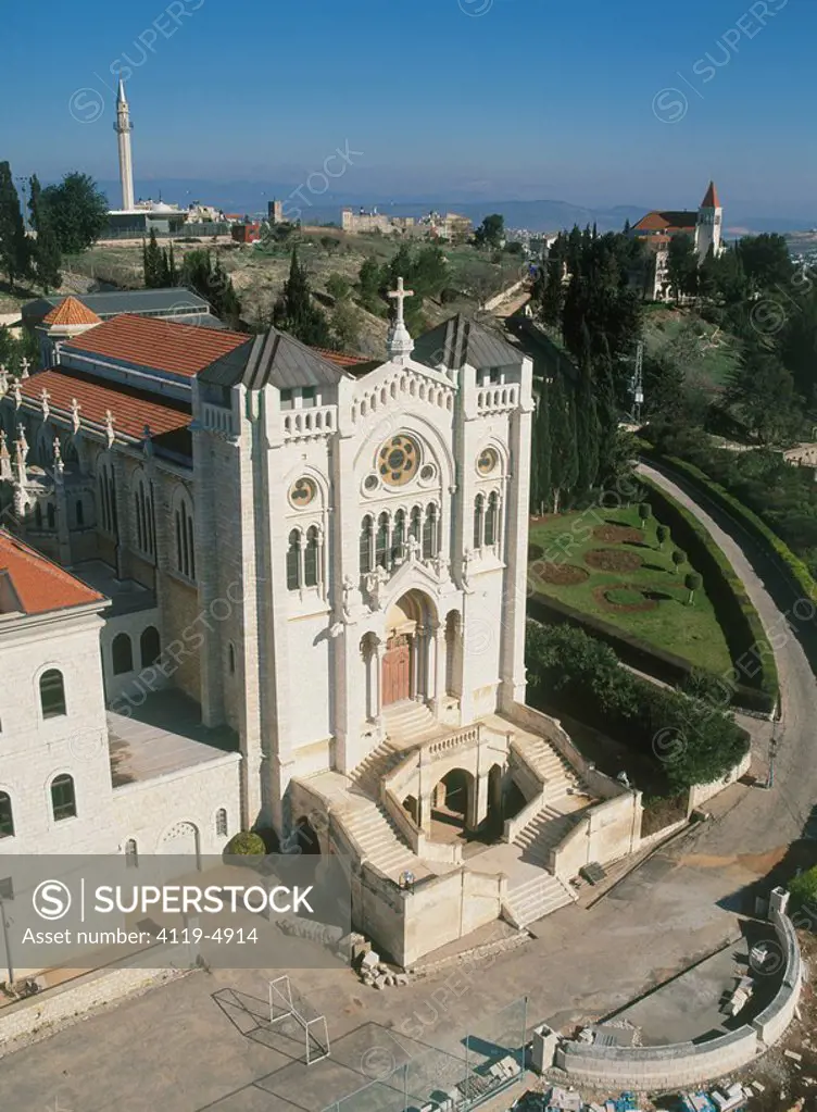 Aerial photograph of the Church of the Adolescent Jesus in the modern city of Nazareth in the Lower Galilee