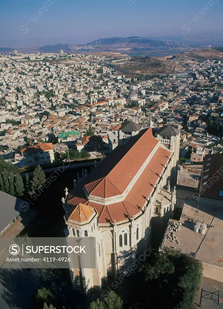 Aerial photograph of the Church of the Adolescent Jesus in the modern city of Nazreth in the Lower galilee