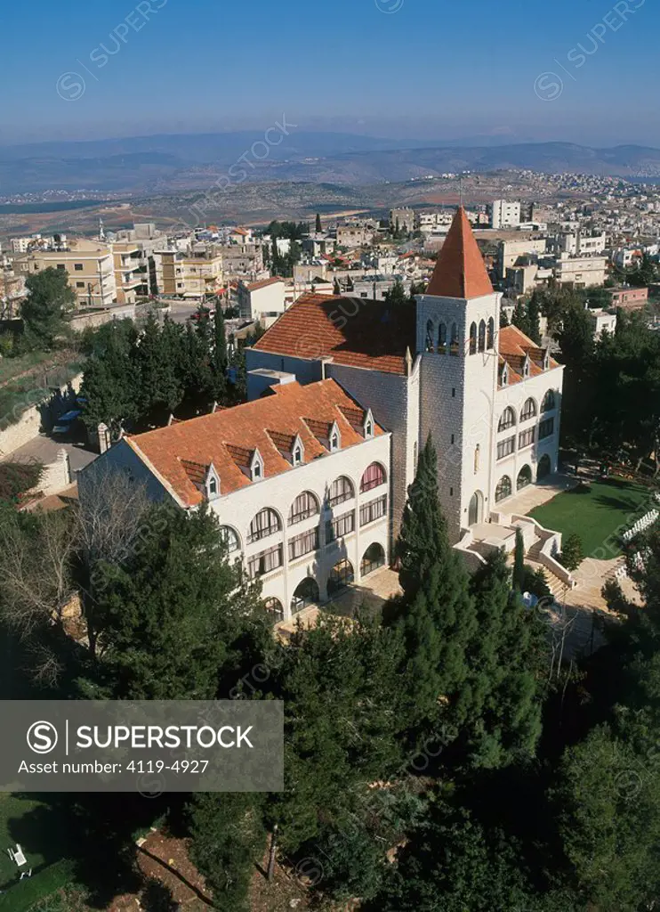 Aerial photograph of the Terra Sancta monastery in the modern city of Nazareth in the Lower Galilee