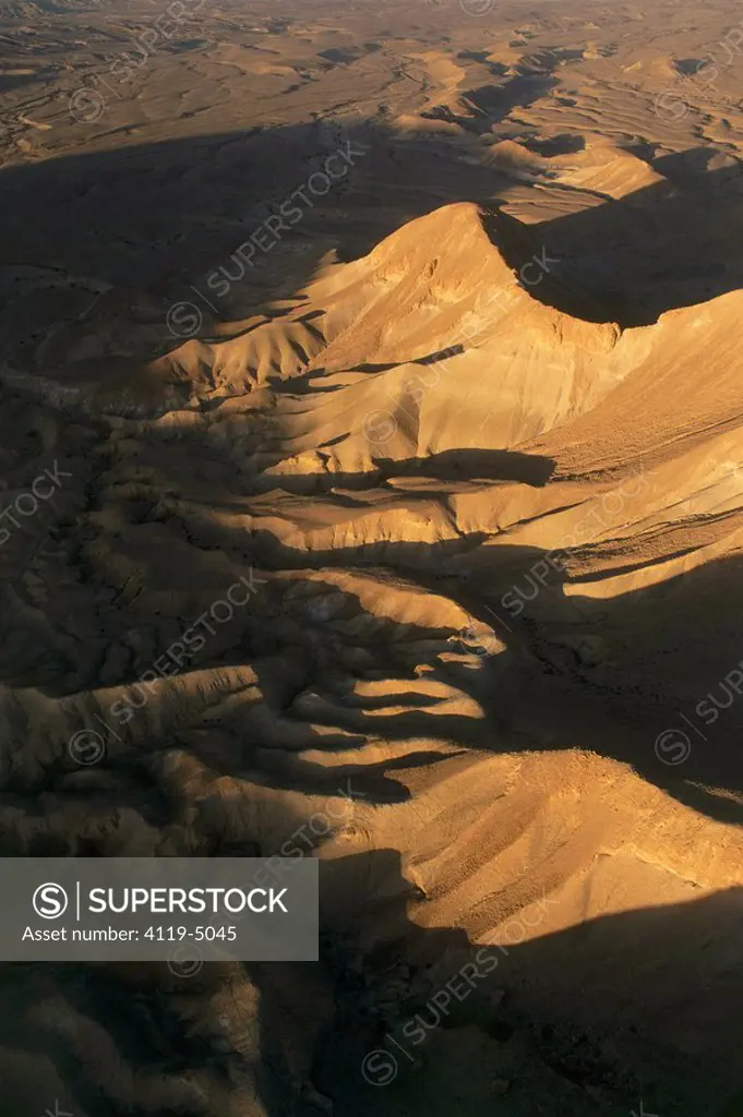 Aerial photograph of Zinim cliff in the Negev desert at sunset