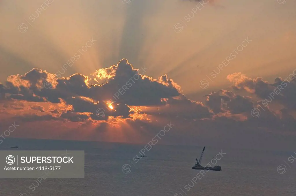 Aerial photograph of sunset over the Mediterranean sea
