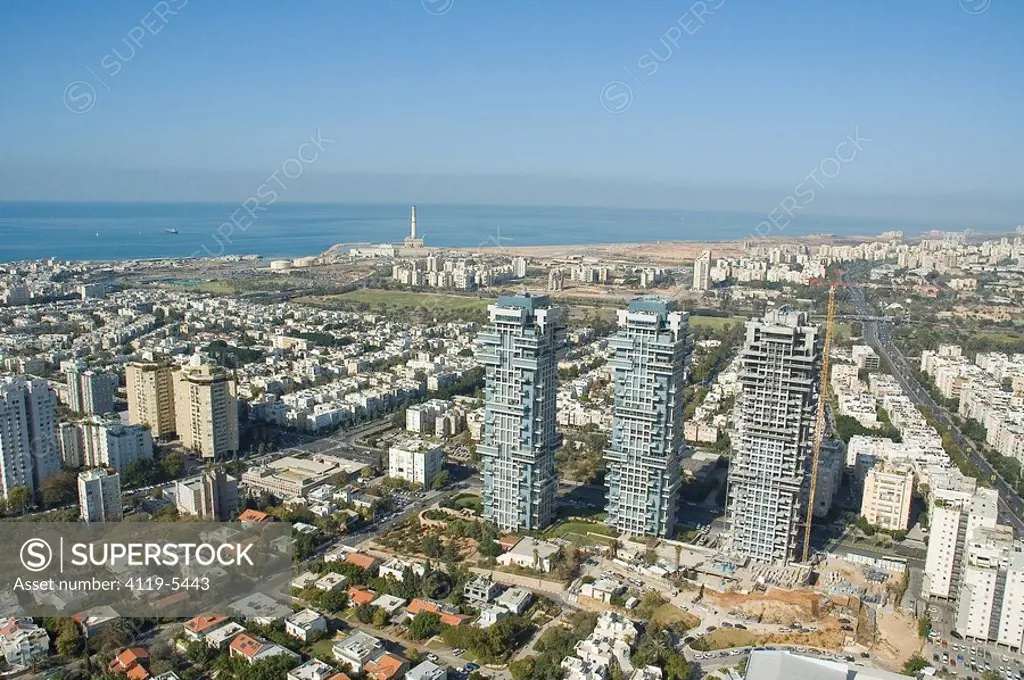 Aerial photograph of the Akirov towers in Tel Aviv
