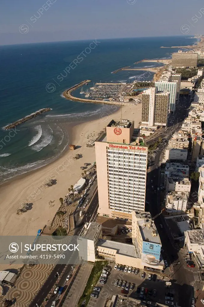 Aerial photograph of the Tel Aviv´s hotels above the coastline