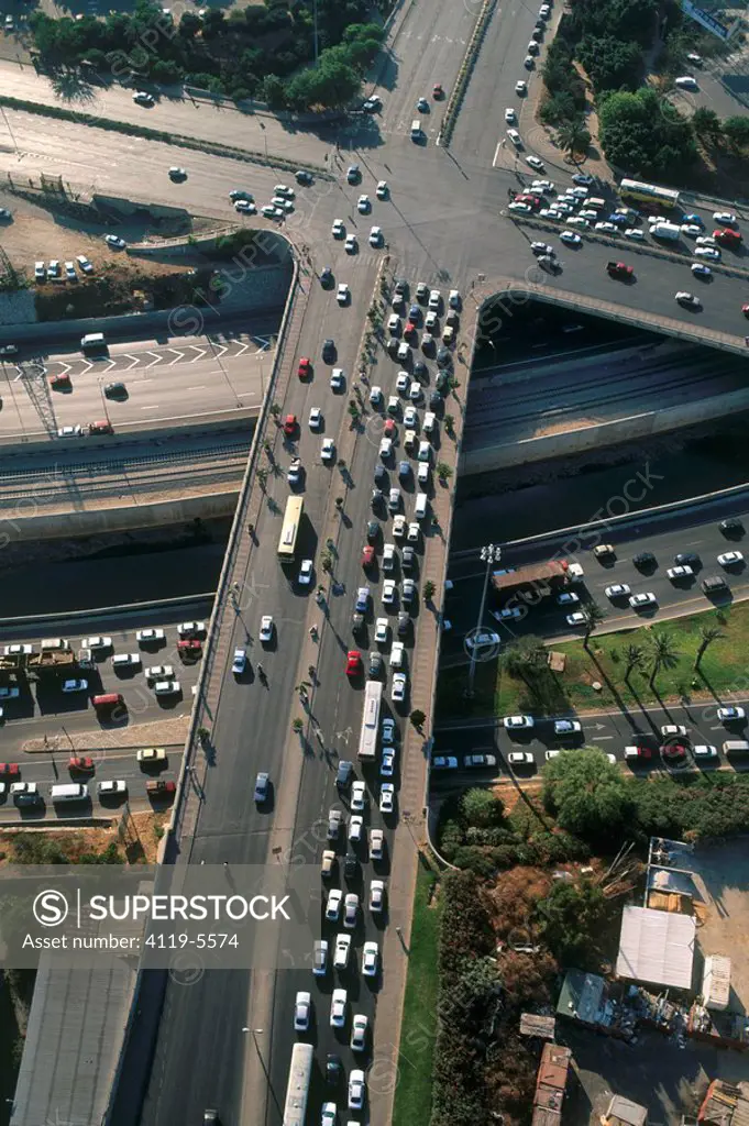 Aerial photograph of the Ayalon highway in Tel Aviv during rush hour