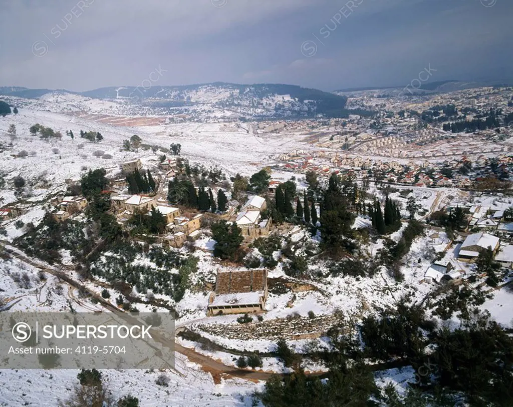 Aerial photograph of the village of Rosh Pina in the Upper Galilee at winter