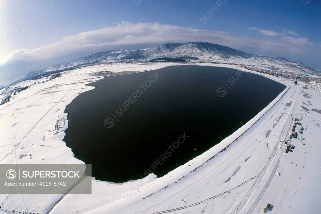 Aerial photograph of the Dalton reservoir in the Upper Galilee at winter