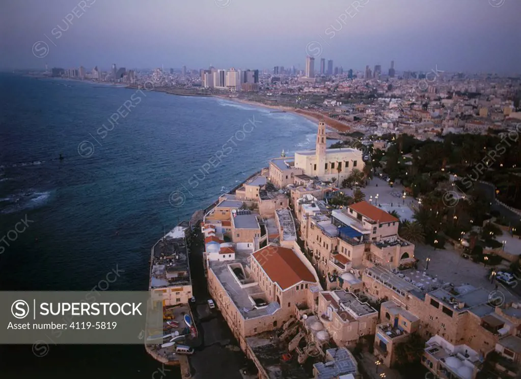 Aerial photograph of the old city of Jaffa after sunset