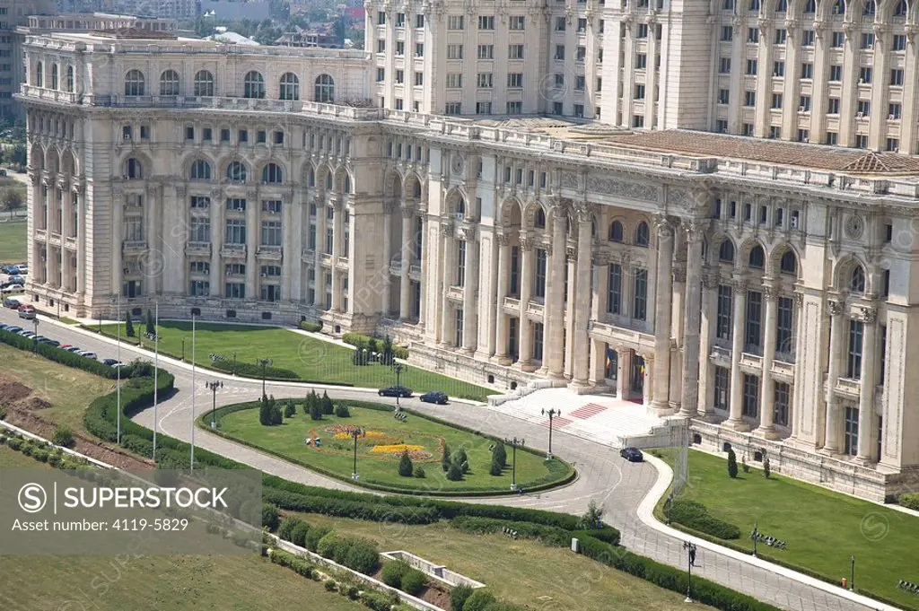 Aerial photograph of the Romanian Palace of Parliament in the city of Bucharest
