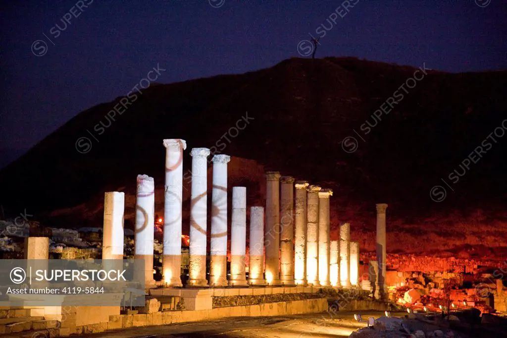 Photograph of the ruins of the Roman city of Beit Shean on the Jordan valley at night