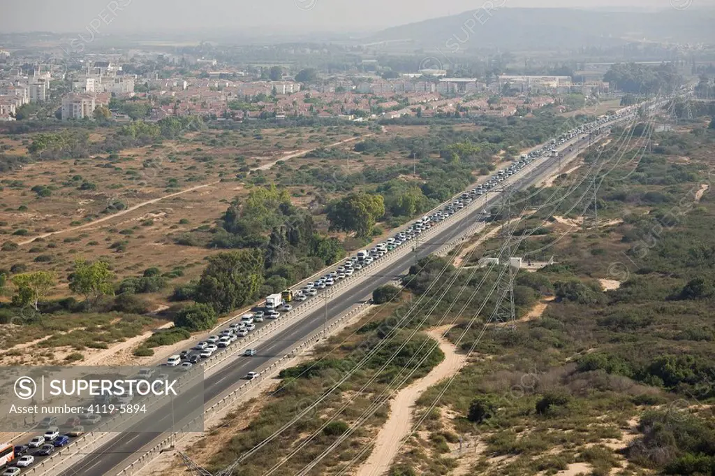 Aerial view of a traffic jam on the old road to Haifa