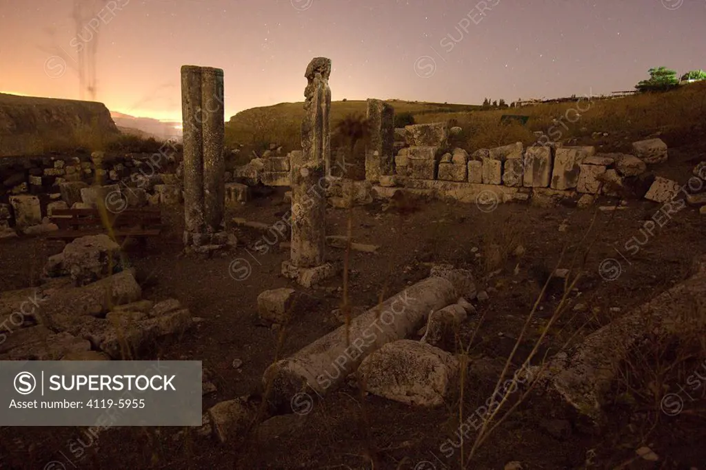Night view of the ruins of the Arbel synagogue in the Galilee