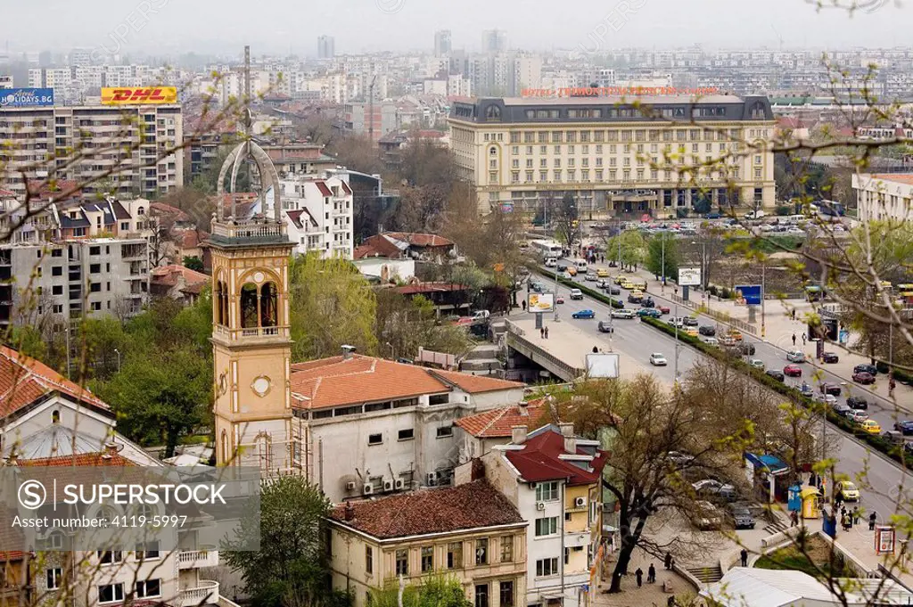 Aerial photograph of the modern city of Plovdiv in Bulgaria