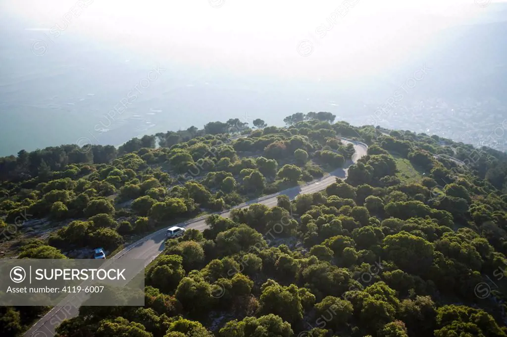 Photograph of the road to the summit of mount Tavor in the Lower Galilee at sunrise