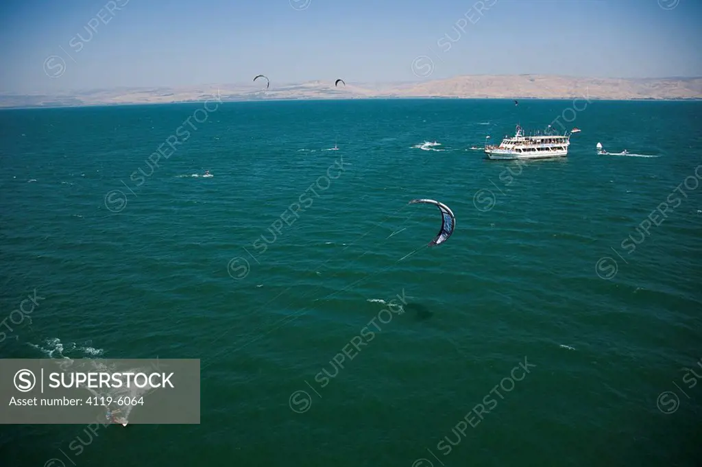 Aerial photograph of a kitesurfing turnament in the Sea of Galilee