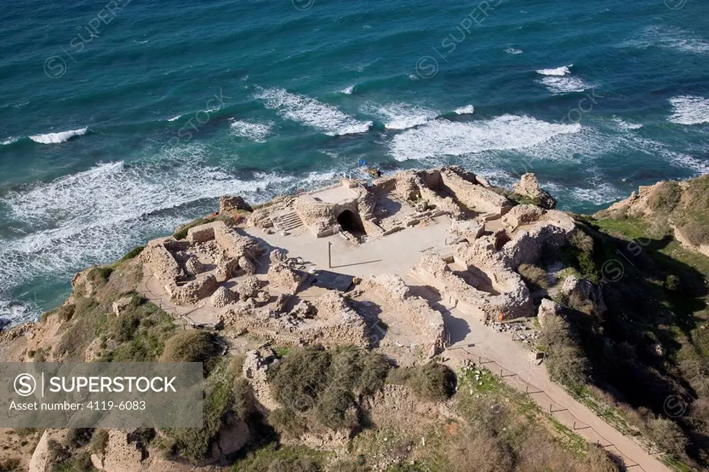 Aerial photograph of the ruins of Apollonia fortress on the the edge of a cliff in Herzliya