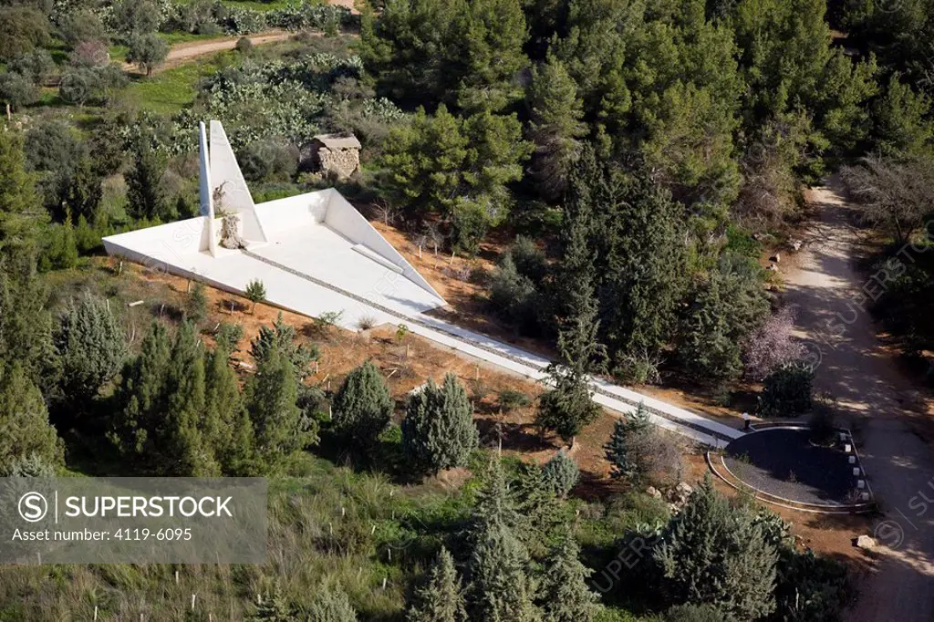 Aerial photograph of the Lechi monument in the village of Mishmar Ayalon