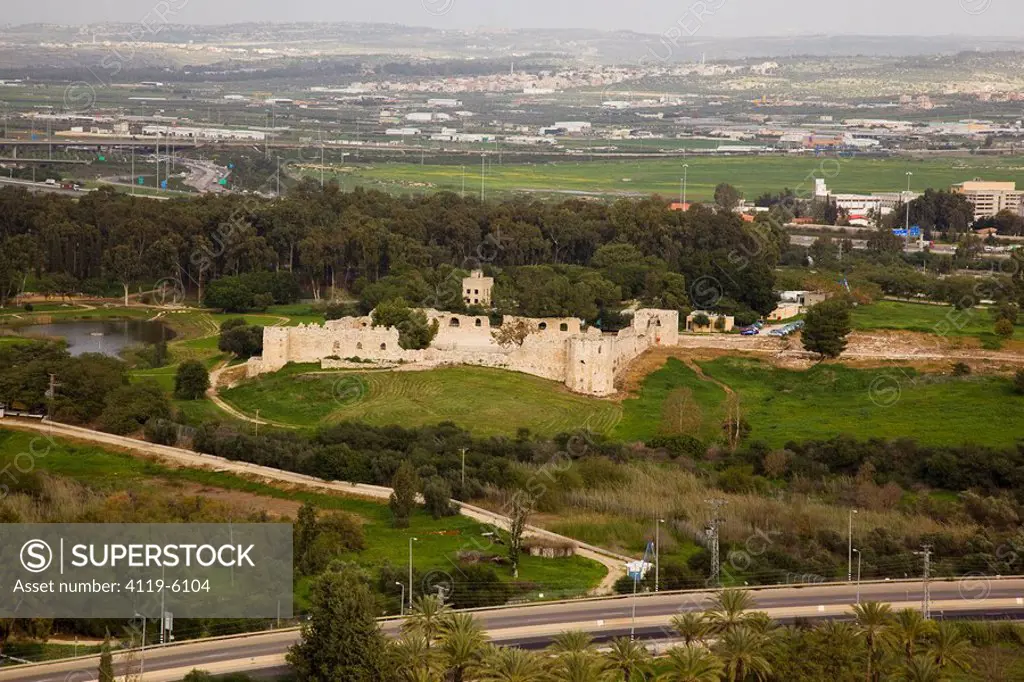 Aerial photograph of the ancient fortress of Antipatris near the modern city of Rosh Ha_Ayin