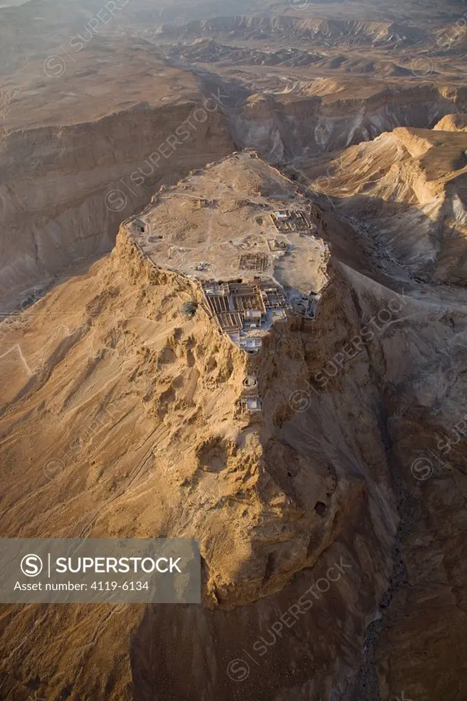 Aerial photograph of the archeologic site of Masada in the Judean desert