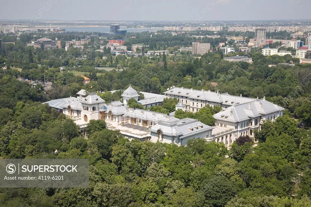 Aerial photograph of a Romanian Palace in the city of Bucharest Romania