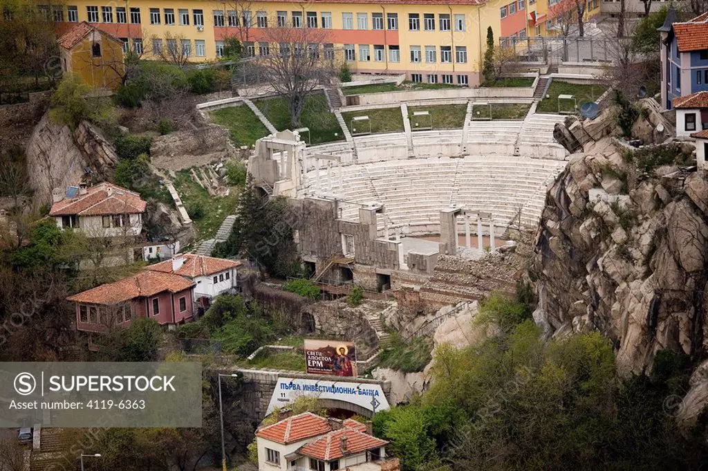 Aerial photograph of the ancient Roman Amphitheater in the modern city of Plovdiv Bulgaria