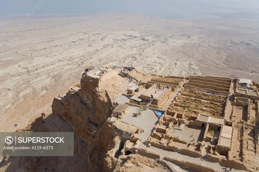 Aerial photograph of the archeology site of Masada near the Dead sea