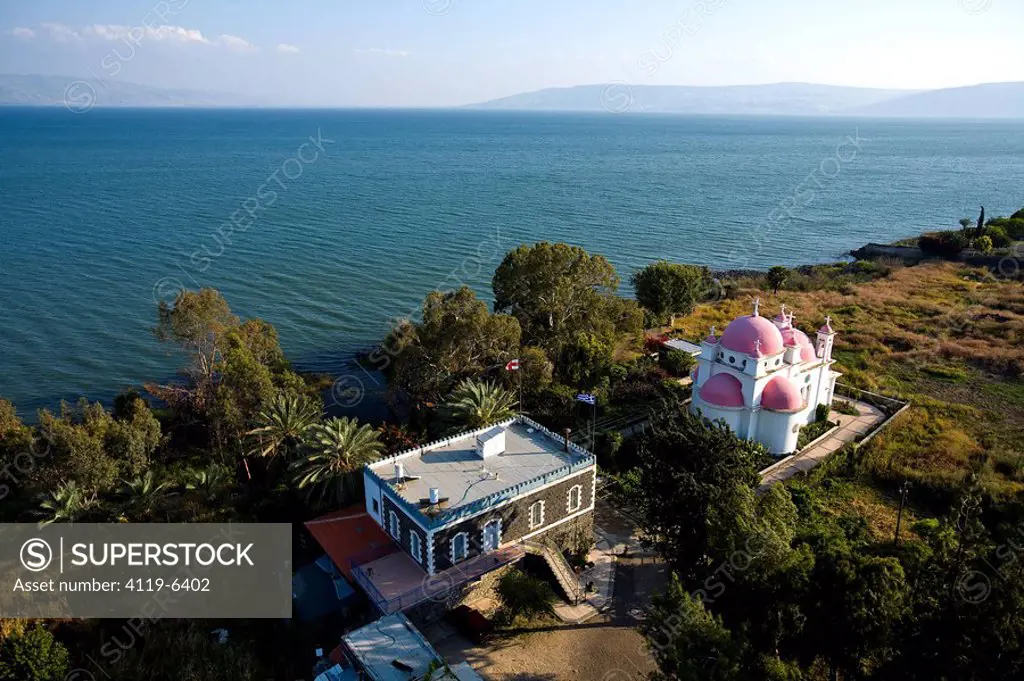 Aerial photograph of the Greek Orthodox church near the Sea of Galilee