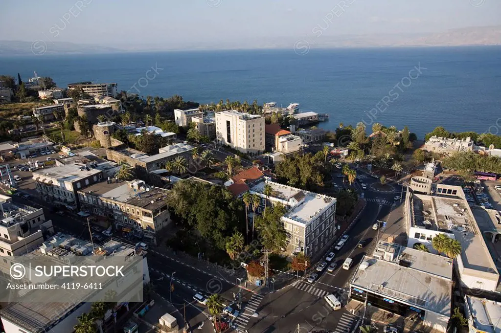 Aerial photograph of 18th century fortress in the modern city of Tiberias in the Sea of Galilee