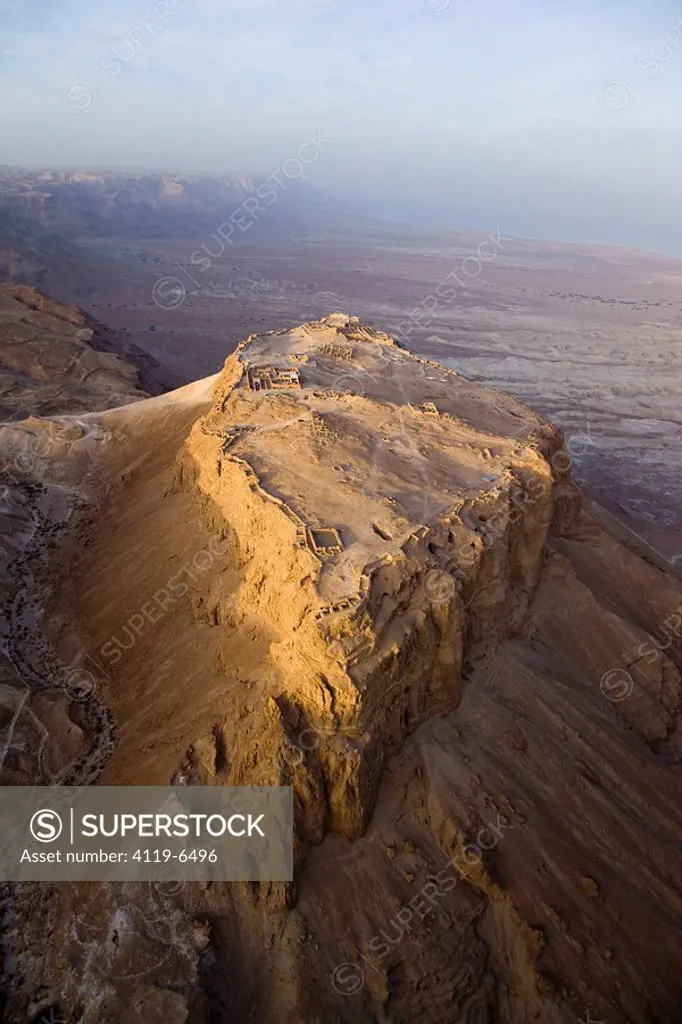 Aerial view of the Archeologic site of Masada and the Roman Ramp built by Lucius Flavius Silva during the Judian Rebellion between 72 to 73 AD