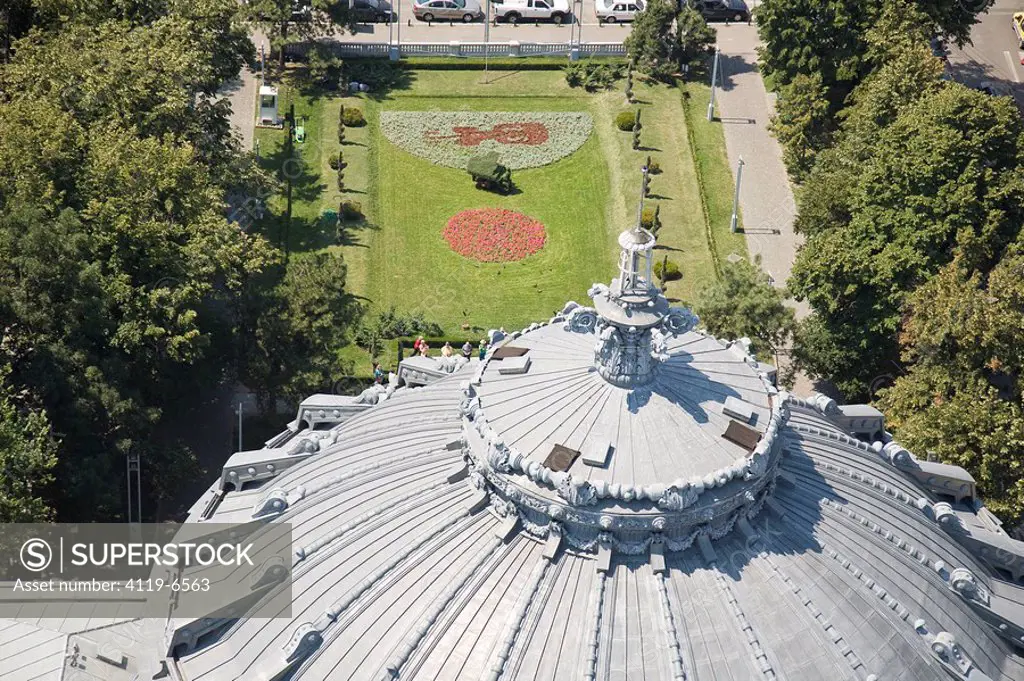 Aerial photograph of the Romanian Athenaeum in the city of Bucharest Romania