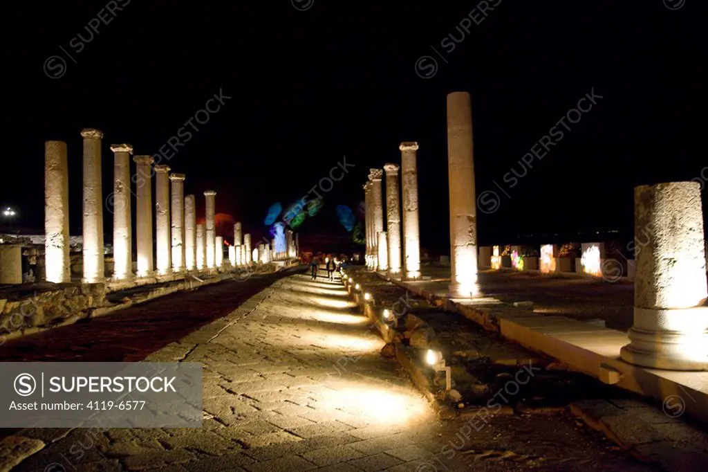Photograph of the ruins of the Roman city of Beit Shean on the Jordan valley at night