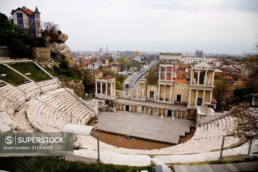 Photograph of the ancient Roman Amphitheater in the modern city of Plovdiv in Bulgaria