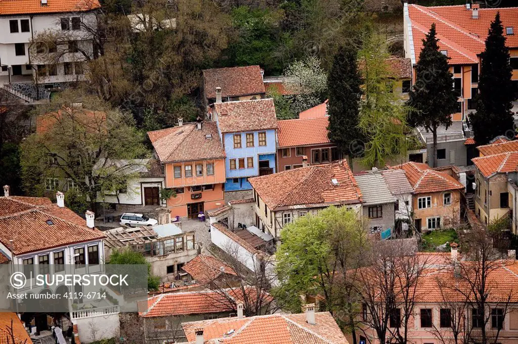 Aerial photograph of the colorful buildings of Plovdiv Bulgaria