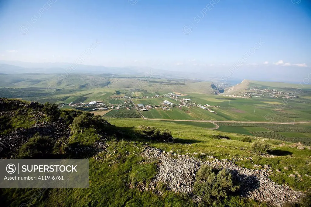 Aerial photograph of the archeologic site of the horns of Hitin in the Lower Galilee