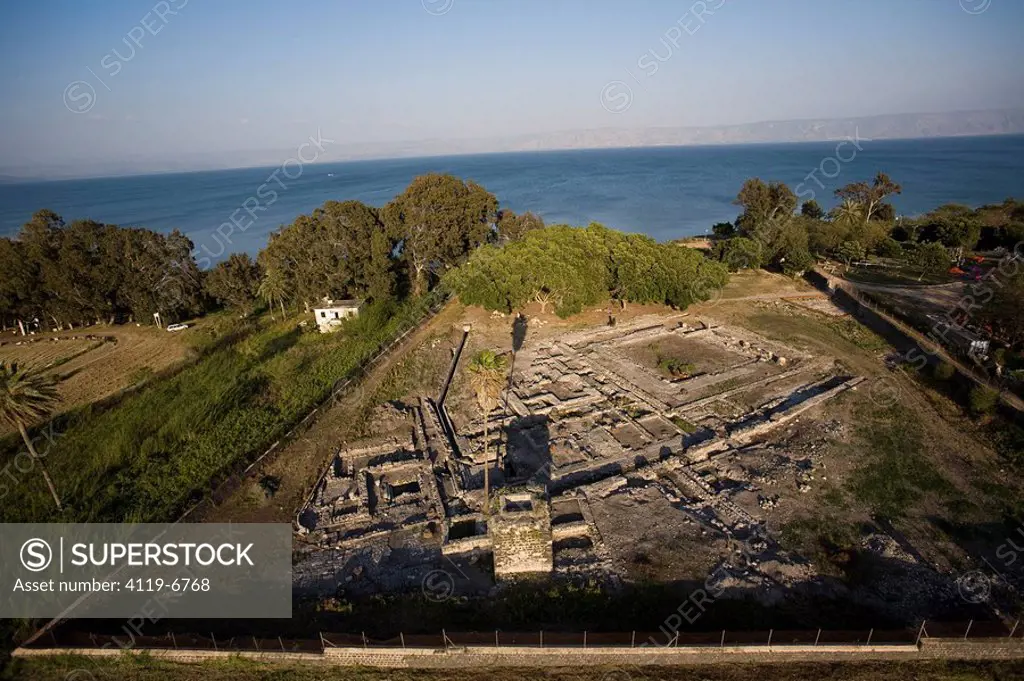 Aerial photograph of the archeologic site of Magdala in the Sea of Galilee