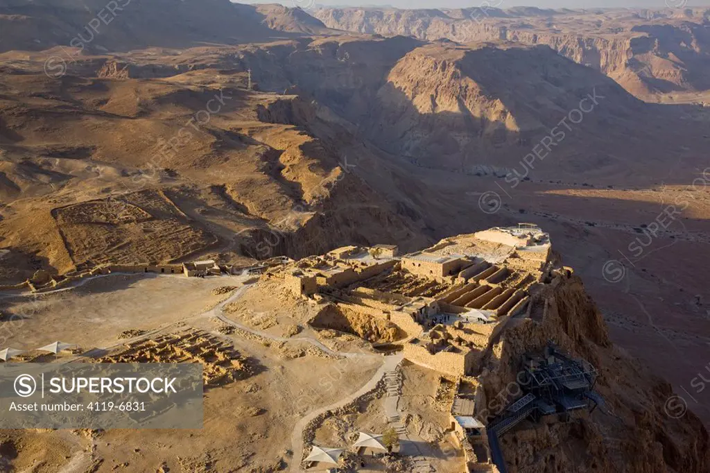 Aerial photograph of the archeologic site of Masada in the Judean Desert