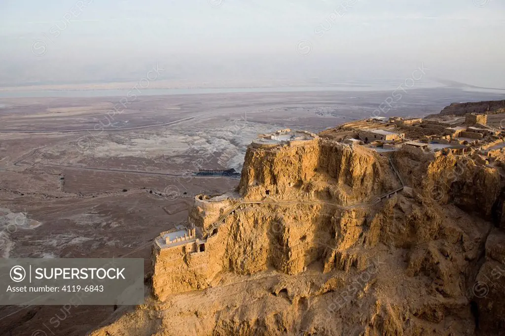 Aerial photograph of the northern palace of the Jewish fortress of Masada rebuilt by Herod between 37 to 31 BC