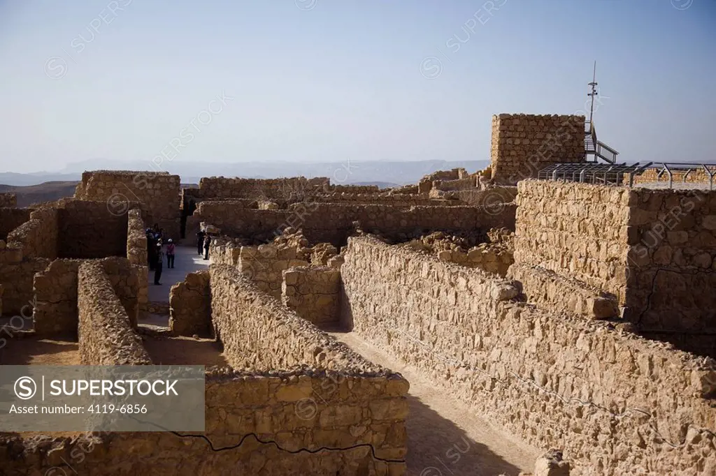 Photograph of the ruins of the archeologic site of Masada in the Judean desert