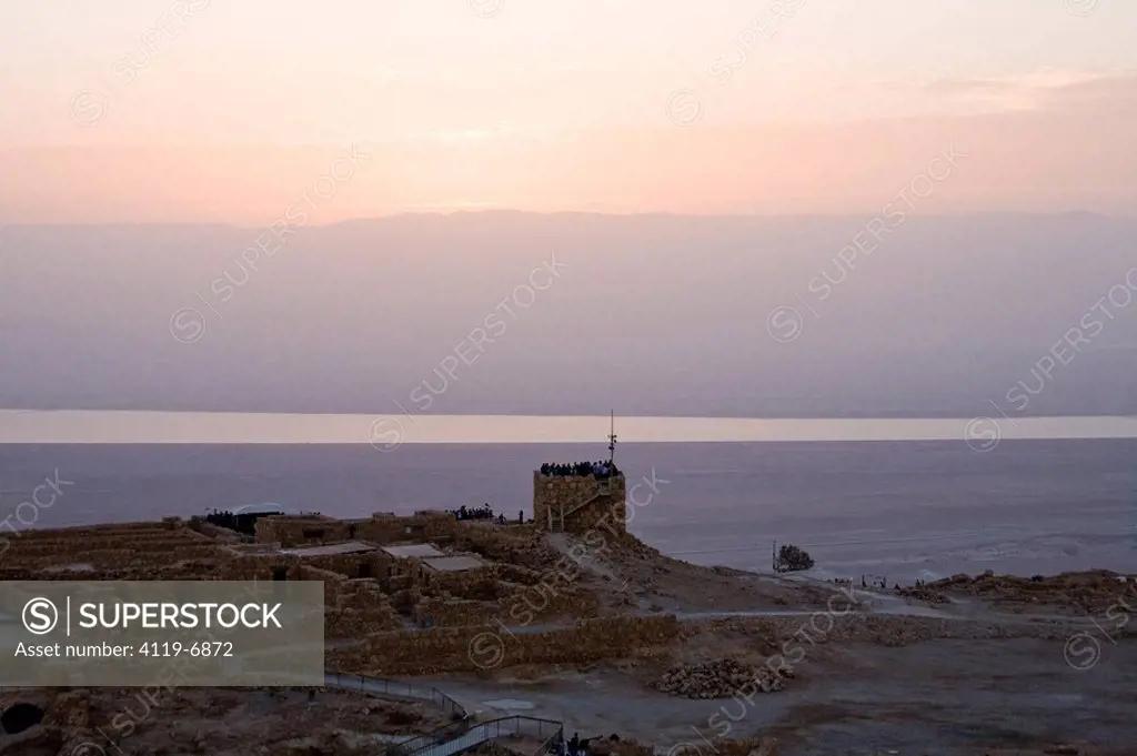 Aerial photograph of the sunrise over Masada in the Judean desert