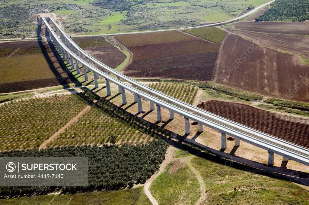 Aerial photograph of a massive Train bridge in the Plain