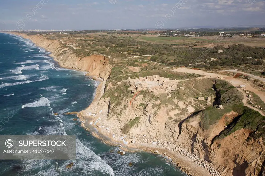 Aerial photograph of the ruins of Apollonia fortress on the the edge of a cliff in Herzliya