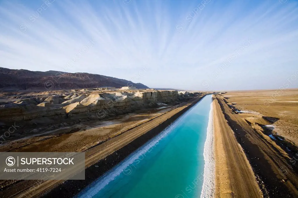 Aerial photograph of an open canal of the Dead sea