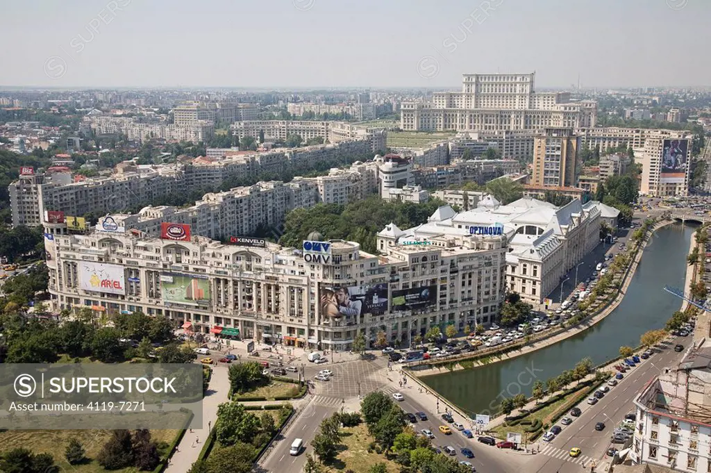 Aerial photograph of the modern city of Bucharest in Romania