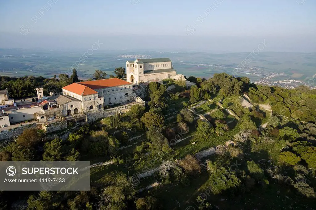 Aerial photograph of the Transfiguration church on the summit of mount Tavor in the Lower Galilee