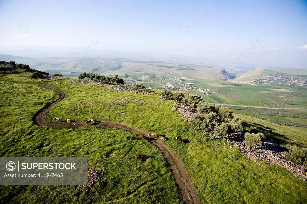 Aerial photograph of the archeologic site of the horns of Hitin in the Lower Galilee