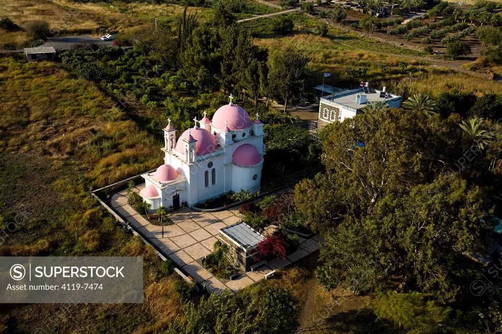 Aerial photograph of the Greek Orthodox church near the Sea of Galilee