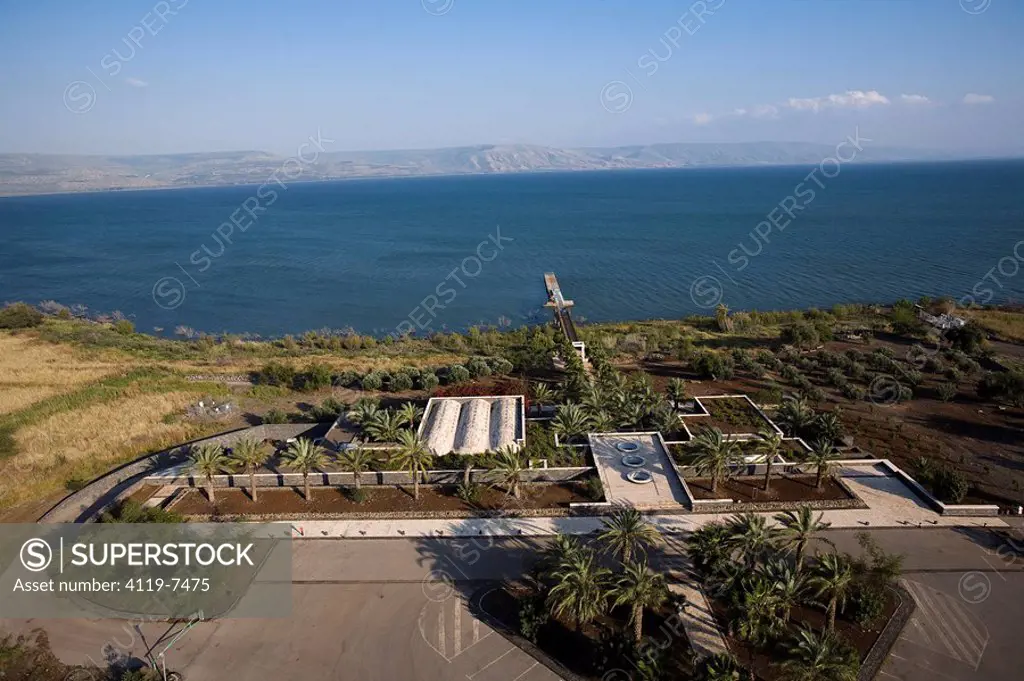 Aerial photograph of the Ginosar pier in the Sea of Galilee