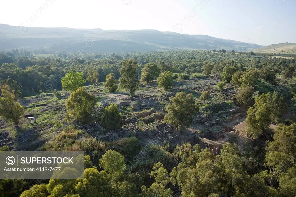 Aerial photograph of the archeologic site of Bethsaida in the Upper Galilee
