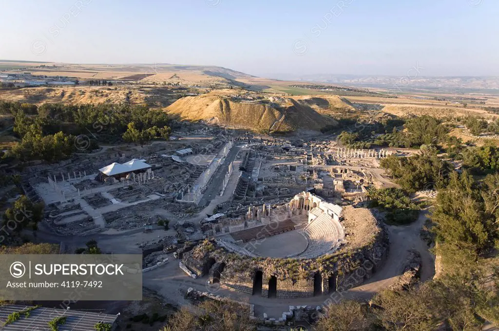 Aerial photograph of the ruins of the Roman city of Beit Shean in the Jordan valley
