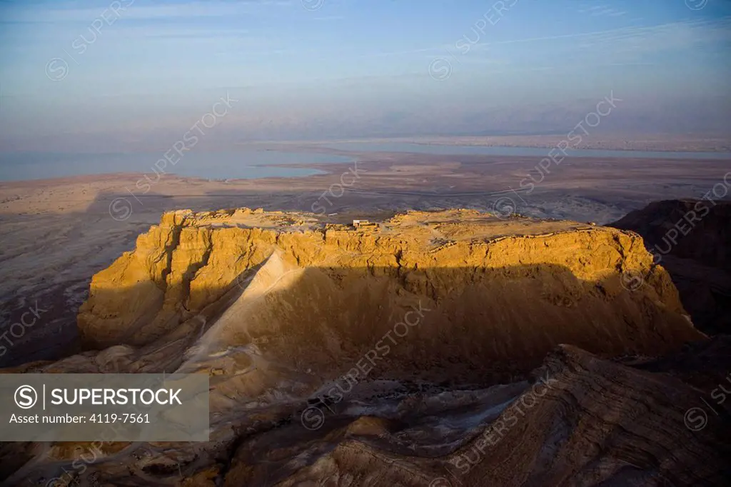 Aerial view of the Archeologic site of Masada and the Roman Ramp built by Lucius Flavius Silva during the Judian Rebellion between 72 to 73 AD