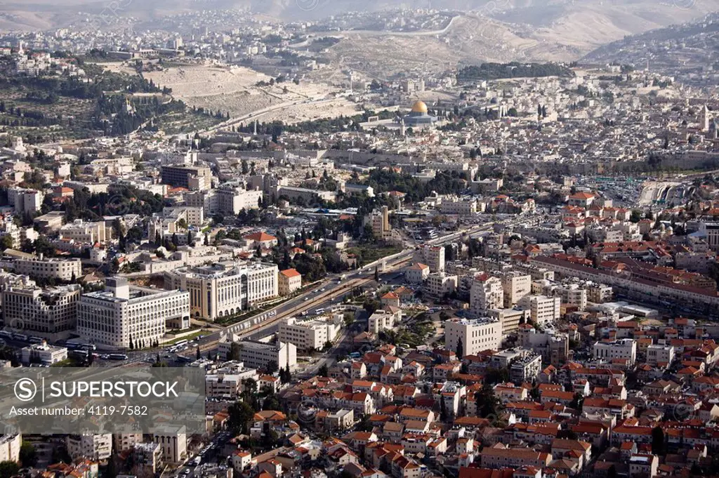 Aerial photograph of the old and new city of Jerusalem
